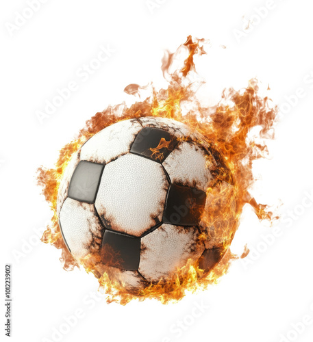 A flaming soccer ball in motion creating an intense action scene in a sports-...