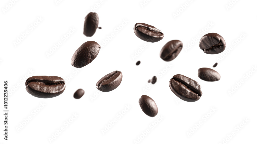 Coffee beans in mid-air showcasing their rich texture against a white background Coffee beans in mid-air showcasing their rich texture against a white background