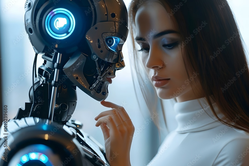 Fototapeta premium Close-up Of Young Businesswoman Hand Operating Humanoid Robot In Office
