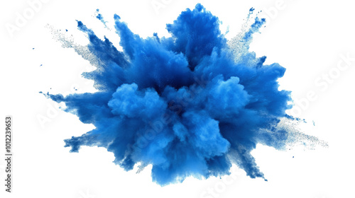 Bright blue explosion of powder creating dynamic cloud effects in a clear bac...