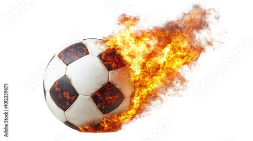 A soccer ball ignites in flames while soaring through the air in a dramatic d...