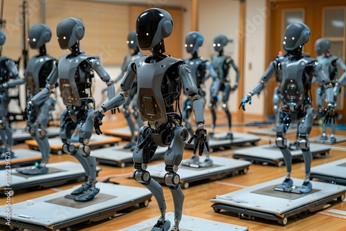 Diverse group of humanoid robots in a class doing aerobics balancing on boards exerting control over their circuits and programming.