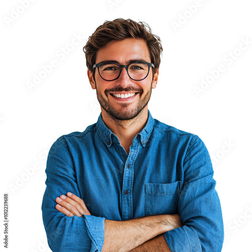 Smiling man with glasses poses confidently against a plain background in casu...