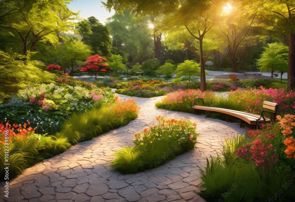Obraz premium stunning urban park designs featuring captivating greenery layouts lush water recreational areas, vegetation, landscape, trail, tree, garden, lawn, bench