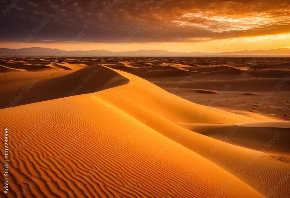 Naklejka premium stunning landscape vast desert dunes illuminated warm amber tones sunset, nature, sky, clouds, horizon, light, texture, sand, colors, shadows, patterns