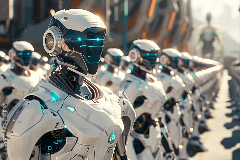 Naklejka premium Humanoid Robot Gender Balance And Parity. Job Pay Equality, robot, equal, ai, artificial, gender, intelligence, code, balance, tech, machine, pay, technology, future, women, 4, 0, woman