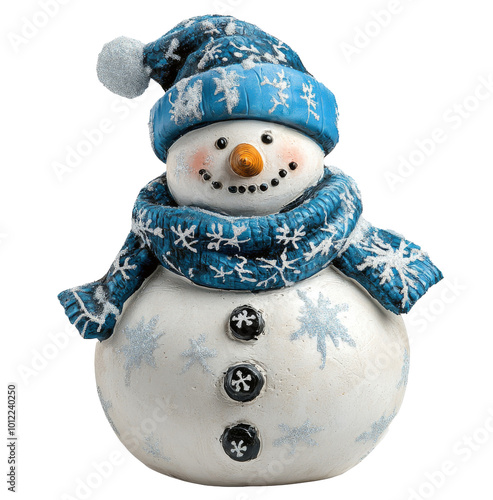 Cheerful snowman wearing a blue scarf and hat with snowflake designs in winte...