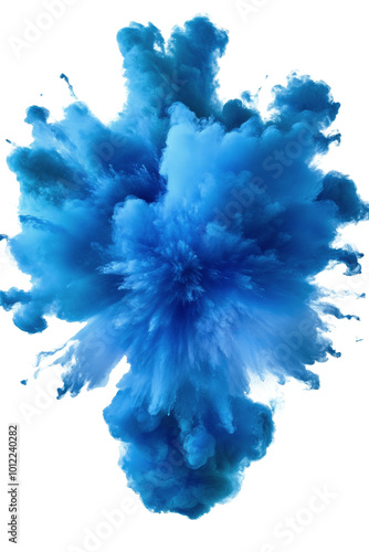 Vibrant blue powder explosion creates an artistic impact against a white back...