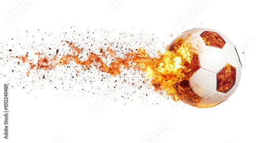 A soccer ball ignites in flames while soaring through the air in a dramatic d...