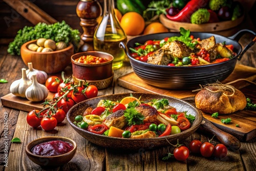 Freshly prepared gourmet meal with vibrant colors and textures on a rustic wooden table setting