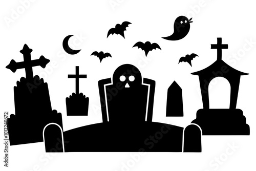 Stone tombstones. Ancient halloween cemetery gravestones and grave crosses, cartoon crypts, memorials with rip signatures, spooky mystery monument, funeral tidy vector isolated mausoleum set
