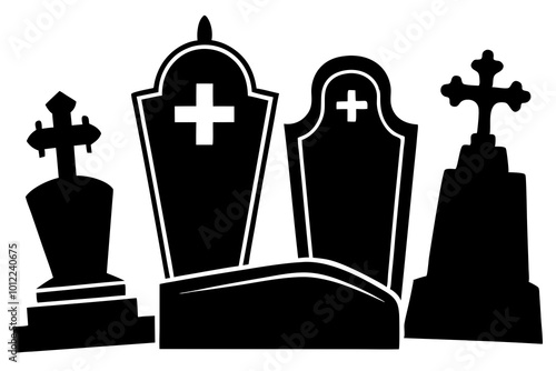Stone tombstones. Ancient halloween cemetery gravestones and grave crosses, cartoon crypts, memorials with rip signatures, spooky mystery monument, funeral tidy vector isolated mausoleum set