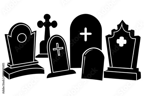 Stone tombstones. Ancient halloween cemetery gravestones and grave crosses, cartoon crypts, memorials with rip signatures, spooky mystery monument, funeral tidy vector isolated mausoleum set