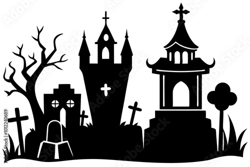 Stone tombstones. Ancient halloween cemetery gravestones and grave crosses, cartoon crypts, memorials with rip signatures, spooky mystery monument, funeral tidy vector isolated mausoleum set