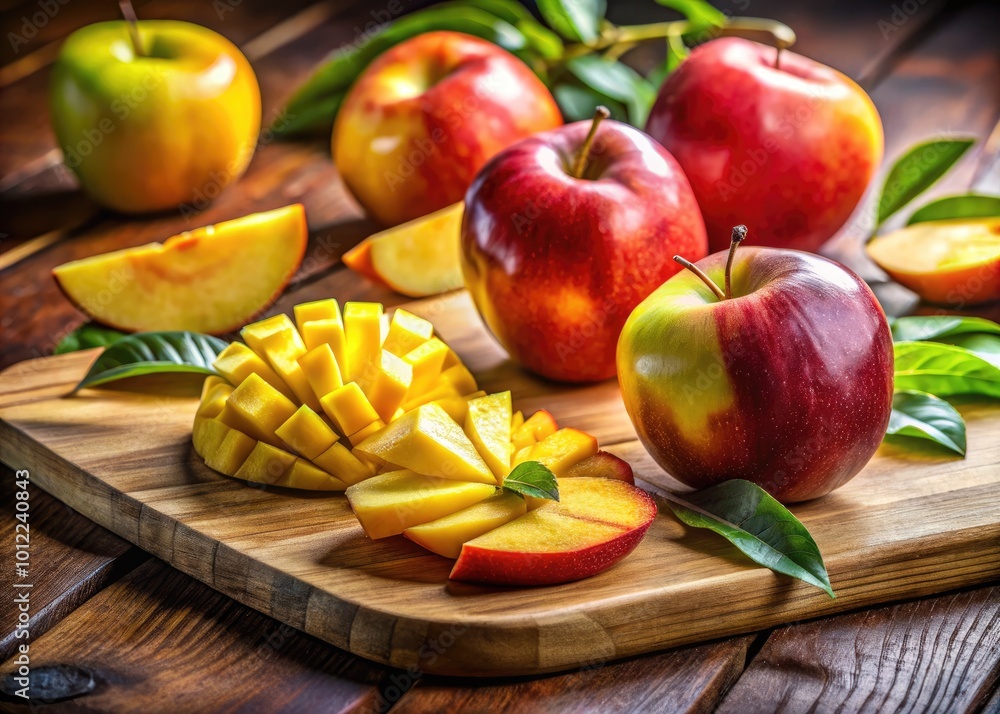 Freshly sliced apple mango on a wooden board showcasing vibrant colors and juicy texture in sunlight Freshly sliced apple mango on a wooden board showcasing vibrant colors and juicy texture in sunlight