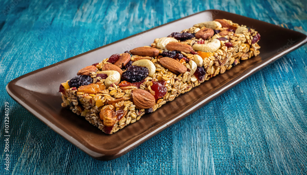 A nutritious homemade granola bar packed with nuts, seeds, and dried fruits, beautifully displayed on a rustic textured surface, highlighting its wholesome ingredients. A nutritious homemade granola bar packed with nuts, seeds, and dried fruits, beautifully displayed on a rustic textured surface, highlighting its wholesome ingredients.