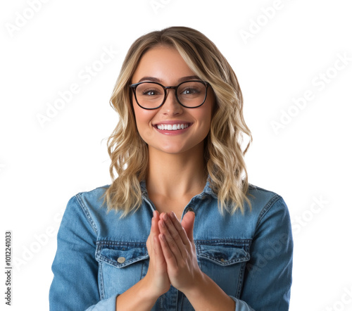 Smiling young woman with glasses expresses gratitude in a casual denim jacket