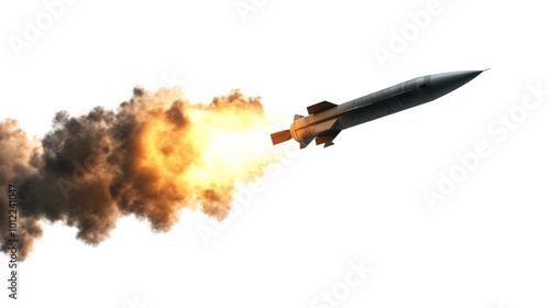 A missile launches with powerful flames and smoke against a clear background ...