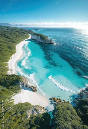 breathtaking aerial perspective pristine beach showcasing lush bright waves coastal vistas under clear blue sky, vibrant, ocean, sand, water, shoreline