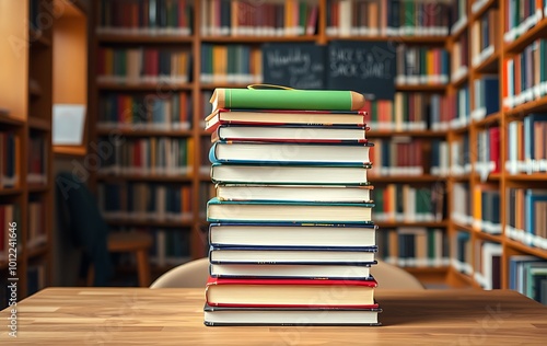 back to school concept. stack of books over wooden desk in front of library. 