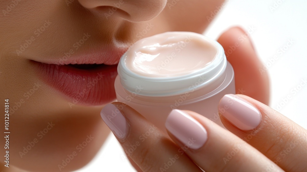 Woman Applying Cream to Lips Woman Applying Cream to Lips
