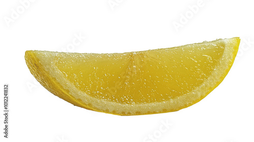 Brightly colored lemon slice with bubbles captured in detail against a white ...