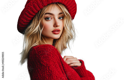 Young woman in a red sweater and hat posing confidently against a simple back...