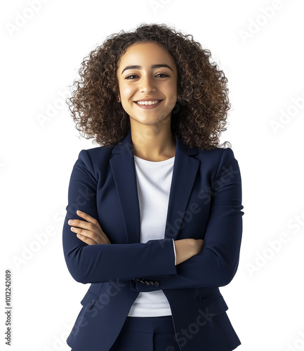 Confident businesswoman in a formal suit standing with arms crossed against a...