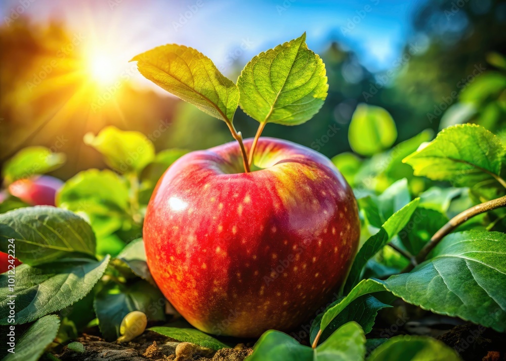 Obraz premium Fresh Red Apple Surrounded by Green Leaves Captured in a Bright and Natural Outdoor Setting