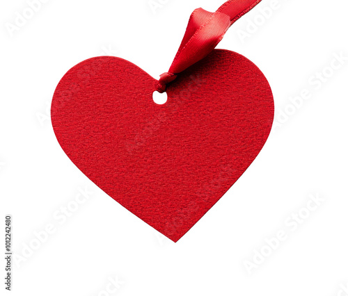 Red heart-shaped tag with a ribbon on a white background for Valentines Day o...