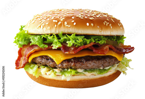 Juicy cheeseburger loaded with crispy bacon and fresh lettuce on a toasted bun