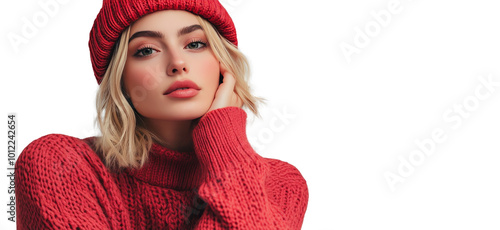 Young woman in a red sweater and hat posing confidently against a simple back...