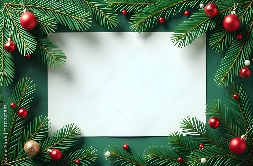 Christmas frame with decorated fir branches with white sheet paper for text. Copy place. Christmas frame with decorated fir branches with white sheet paper for text. Copy place.