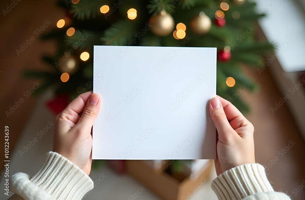 Hands of woman holding a white sheet paper. Christmas tree in the background. Hands of woman holding a white sheet paper. Christmas tree in the background.
