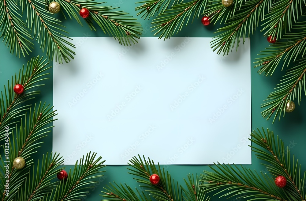 Christmas frame with decorated fir branches with white sheet paper for text. Christmas frame with decorated fir branches with white sheet paper for text.