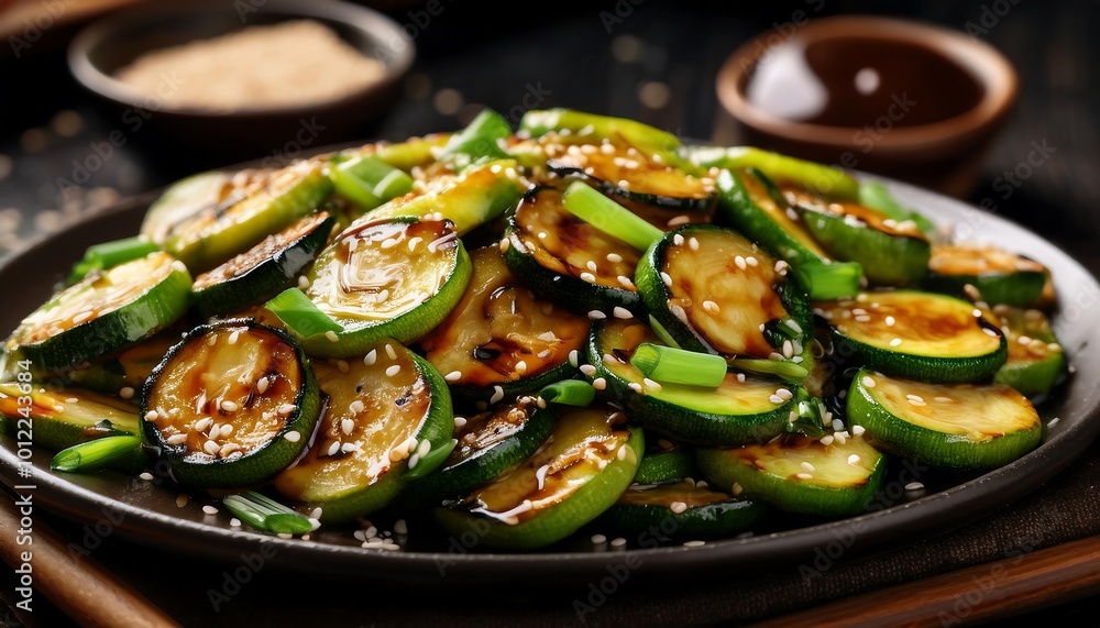 Close up of stir fried zucchini and onions drizzled in sweet sauce on a dark wooden table. Generative AI Close up of stir fried zucchini and onions drizzled in sweet sauce on a dark wooden table. Generative AI