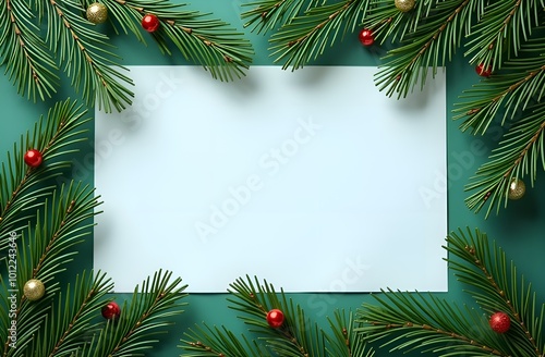 Christmas frame with decorated fir branches with white sheet paper for text.