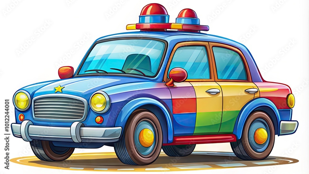 Fun and Colorful Cartoon Drawing of a Police Car with Sirens and a Bold Design for Kids' Projects Fun and Colorful Cartoon Drawing of a Police Car with Sirens and a Bold Design for Kids' Projects