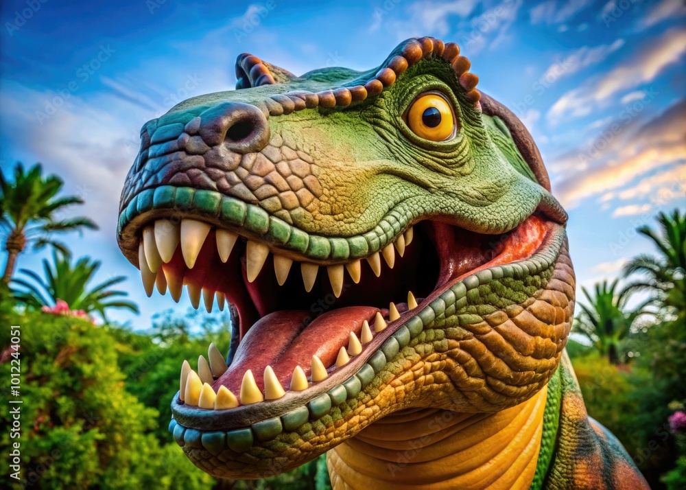 Fototapeta premium Fun and Colorful Cartoon T-Rex Dinosaur with Big Smiling Face and Playful Pose for Kids' Designs