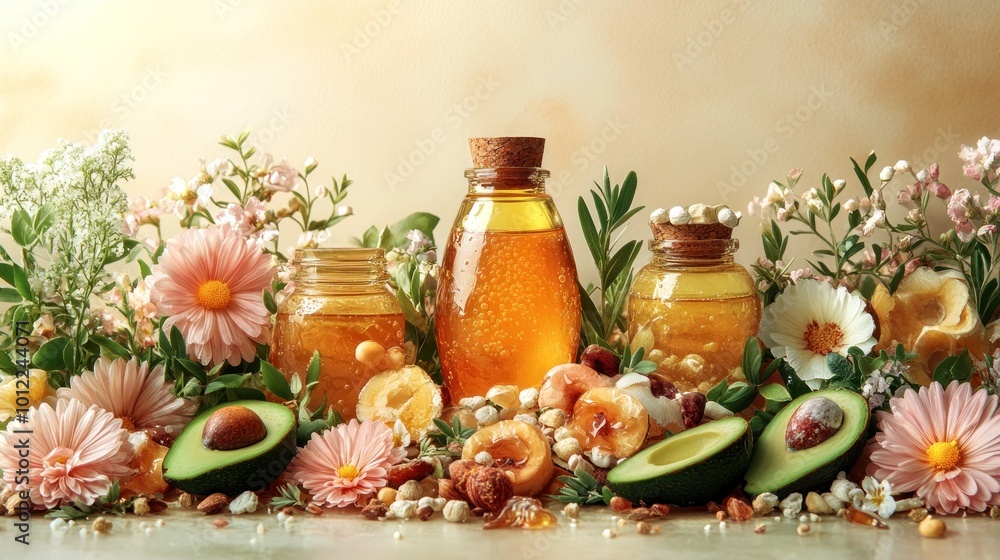 Honey, nuts, fruits and flowers arranged on a table. Honey, nuts, fruits and flowers arranged on a table.