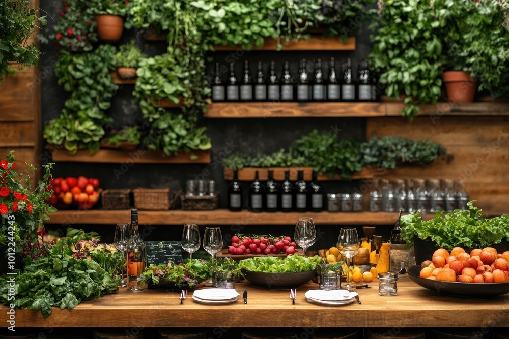 A rustic wooden bar counter with fresh produce and wine bottles, set for a meal with plates and glasses. A rustic wooden bar counter with fresh produce and wine bottles, set for a meal with plates and glasses.