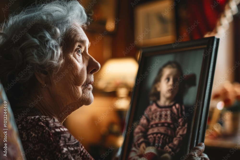 Elderly woman sitting and home and looks at vintage photo of her childhood portrait. Senior lady holding in hand old photo frame. Memories, nostalgia, family album Elderly woman sitting and home and looks at vintage photo of her childhood portrait. Senior lady holding in hand old photo frame. Memories, nostalgia, family album