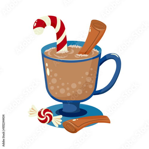 Hot chocolate in a blue mug with cinnamon sticks and a peppermint candy cane. Festive winter drink illustration perfect for seasonal design.