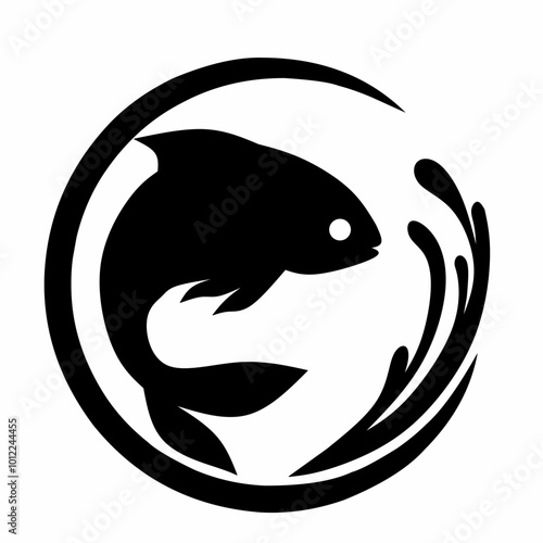 Jump Fish silhouette design icon or logo, symbol of fishing club or brand.