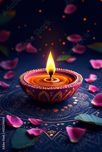 Lit diya traditional oil lamp on dark blue background with rose flowers and petals. Deepavali, Diwali. Hindu festival of lights. Loy Krathong. Template with copy space for Indian holidays