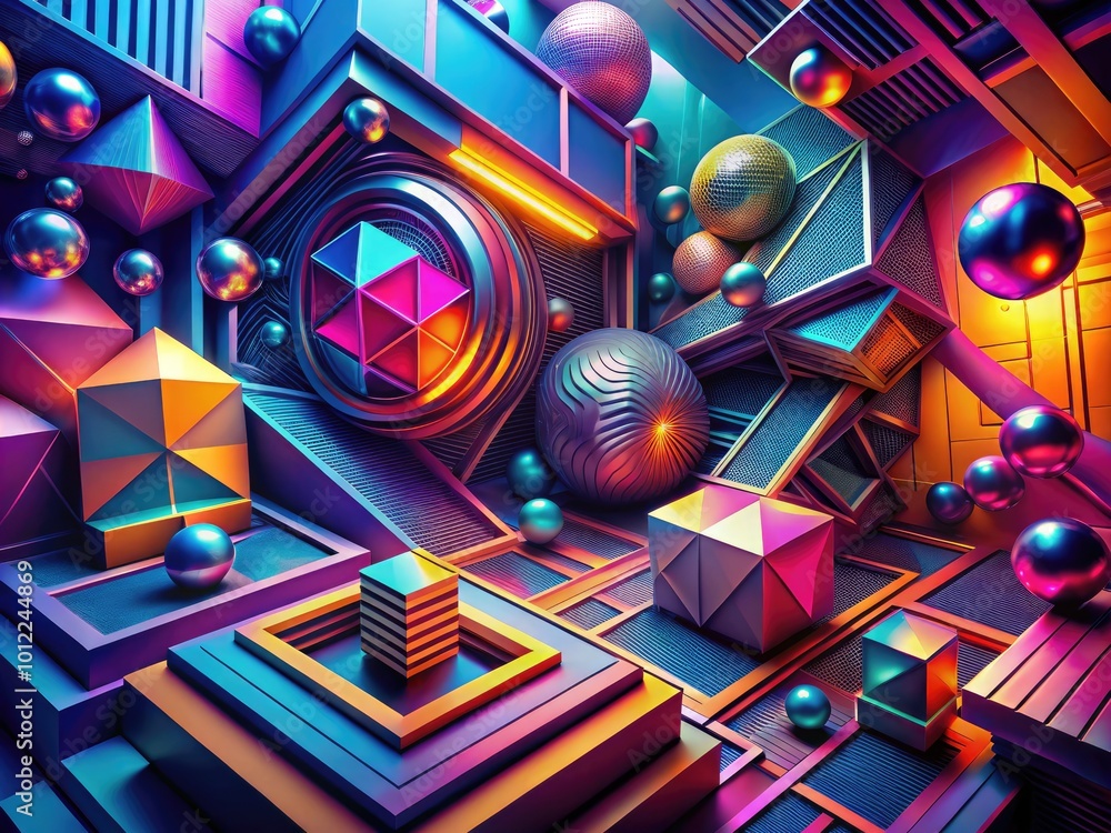 Futuristic 3D Rendering of Abstract Shapes and Geometric Patterns in Vibrant Colors and Textures Futuristic 3D Rendering of Abstract Shapes and Geometric Patterns in Vibrant Colors and Textures