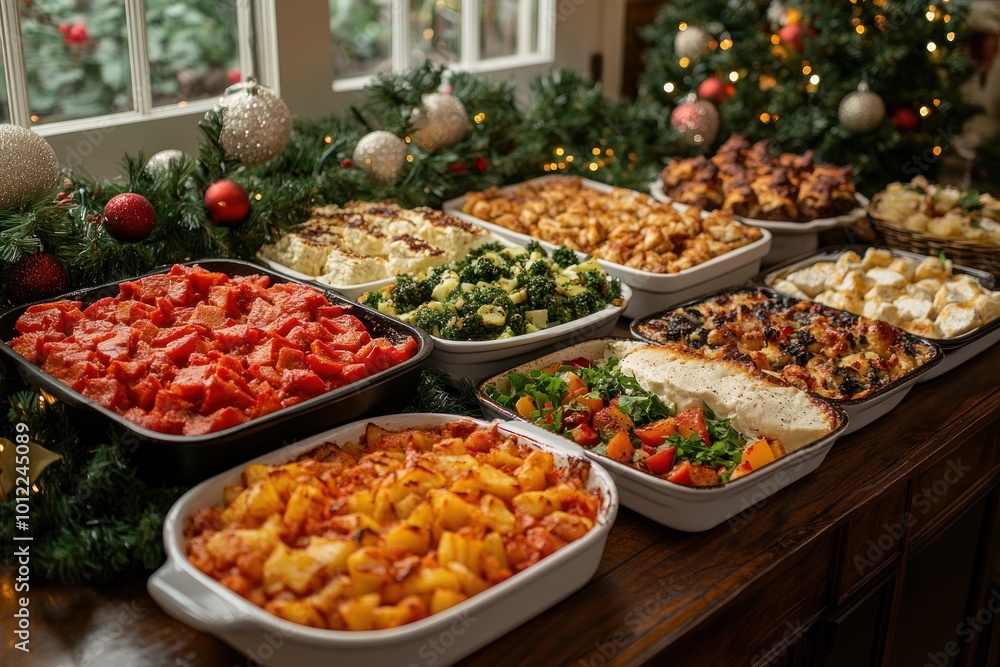 A table spread with a variety of Christmas dishes, including roasted vegetables, casseroles, and salads. A table spread with a variety of Christmas dishes, including roasted vegetables, casseroles, and salads.