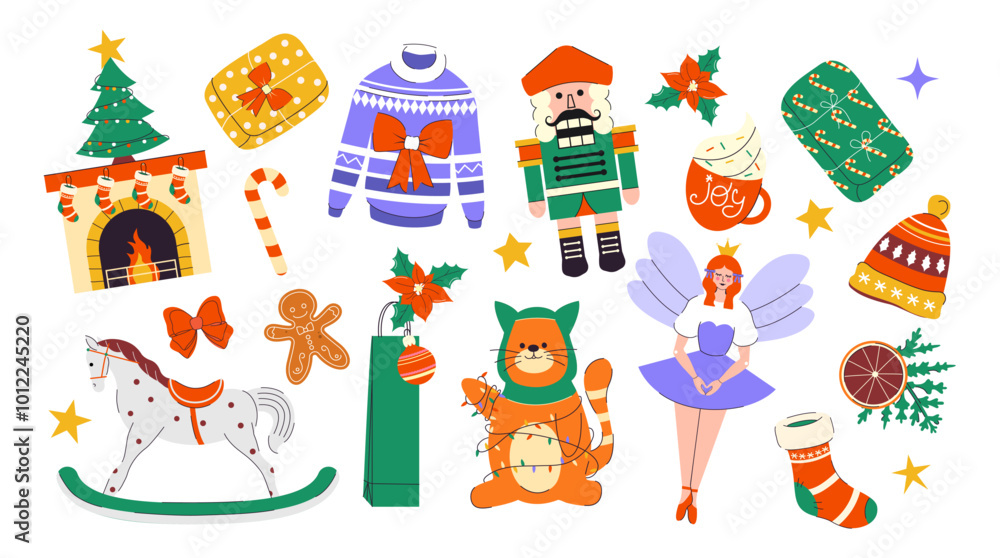 Naklejka premium Holiday gifts. Happy New Year. Merry Christmas. Holly Jolly. December. Elements. Stickers. Set. Trendy collection. Hand drawn. Doodle. Clipart. Cut out. Paper, bows, decoration, fireplace, toy, cloth