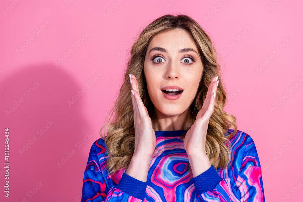 Portrait photo of blonde hair beautiful gorgeous sweet young girlfriend unbelievable news impressed reaction isolated on pink color background Portrait photo of blonde hair beautiful gorgeous sweet young girlfriend unbelievable news impressed reaction isolated on pink color background