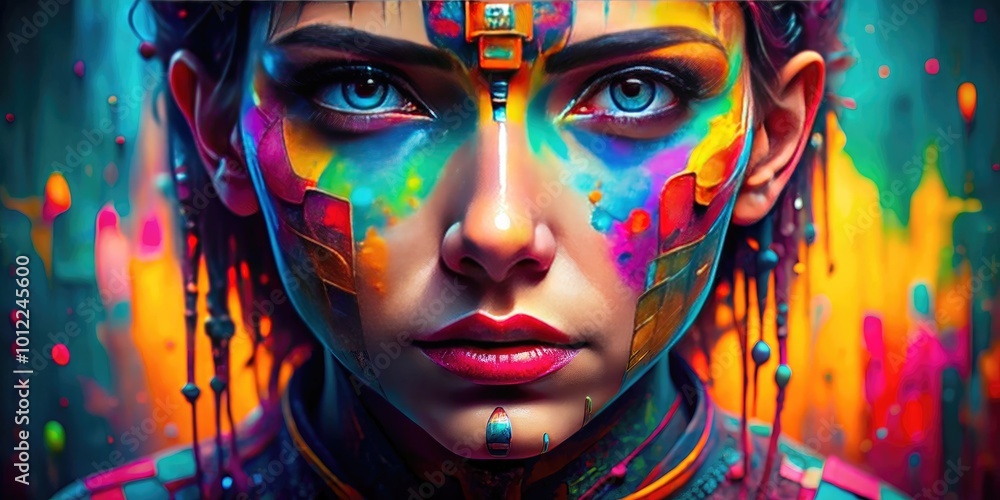Obraz premium Futuristic Digital Face with Abstract Design and Vivid Colors Representing Technology and Innovation